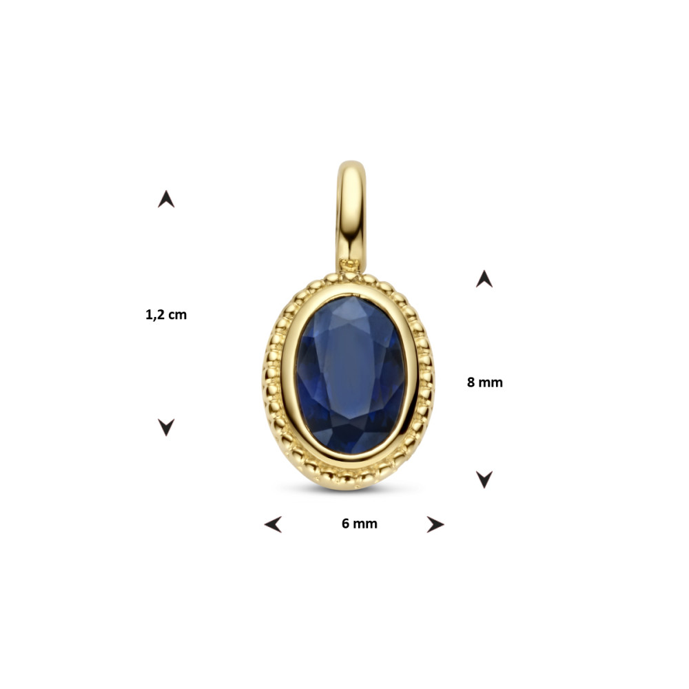 gouden-ovale-hanger-met-blauwe-saffier-en-bolletjesrand-6-mm-breed-hoogte-12-mm