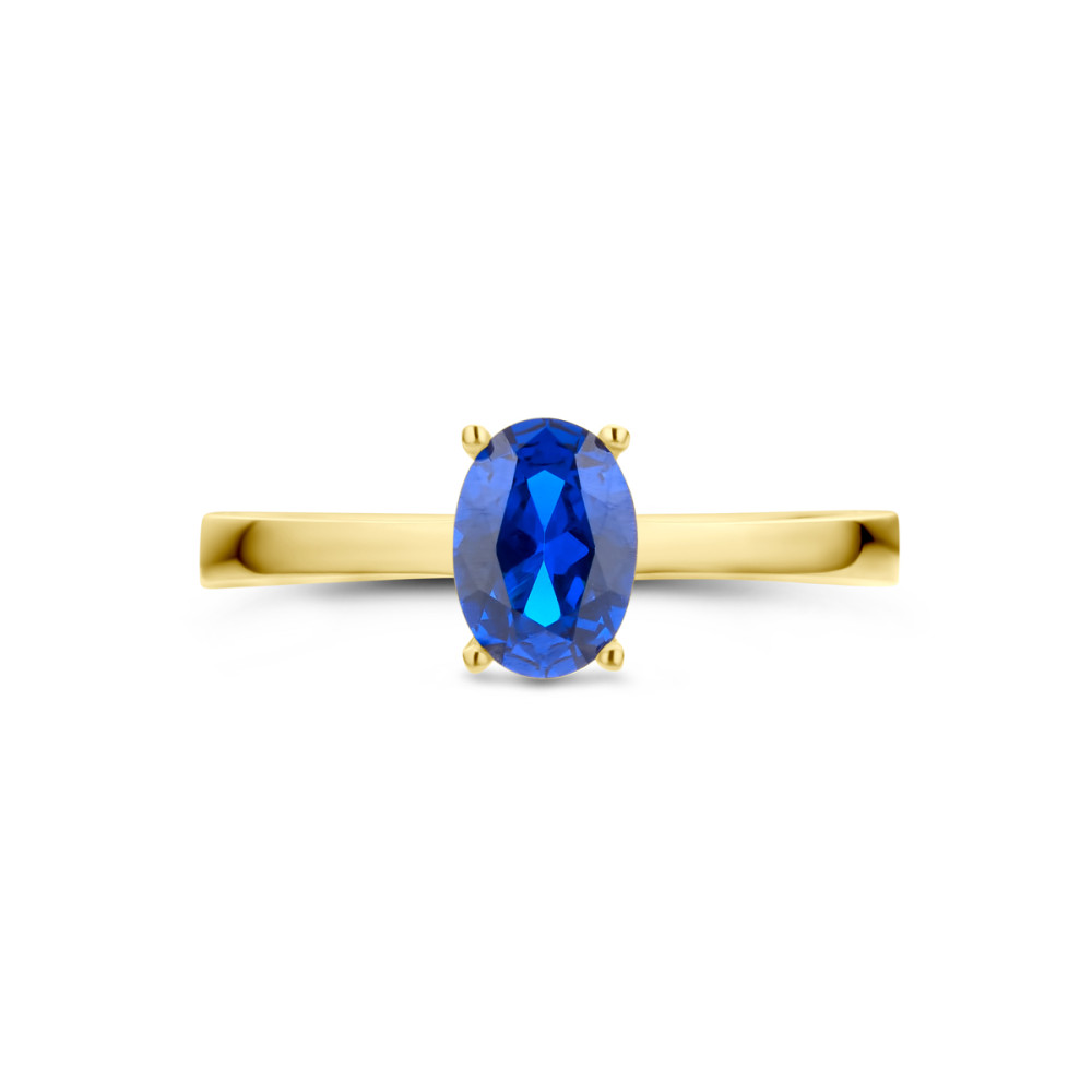 gouden-solitair-ring-met-blauwe-ovale-zirkonia