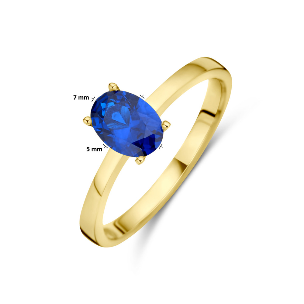 gouden-solitair-ring-met-blauwe-ovale-zirkonia