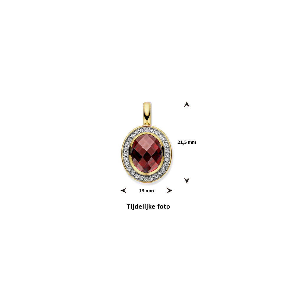 hanger-14-karaat-gouden-ovaal-met-granaat-en-0-18-crt-diamanten-13-mm-breed-x-21-mm-hoog