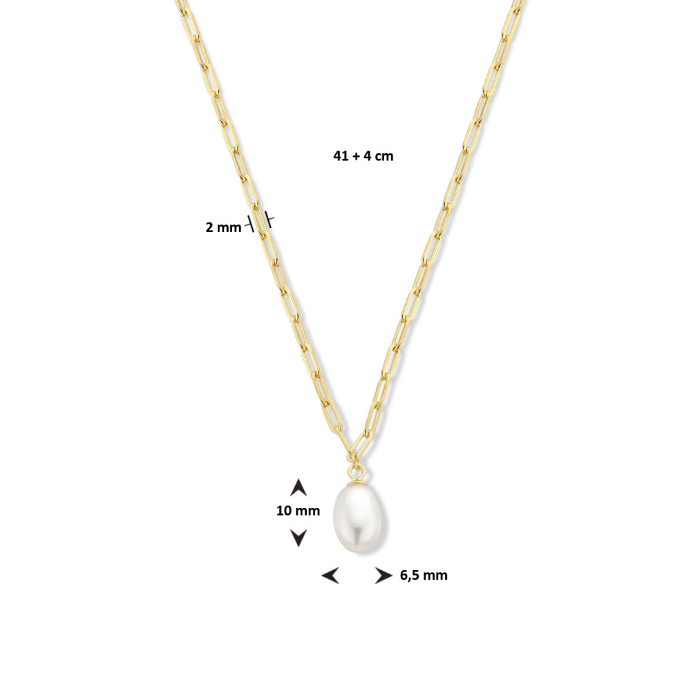 ketting-gold-plated-paperclip-schakels-en-zoetwaterparel-2-mm-breedte-lengte-41-45-cm