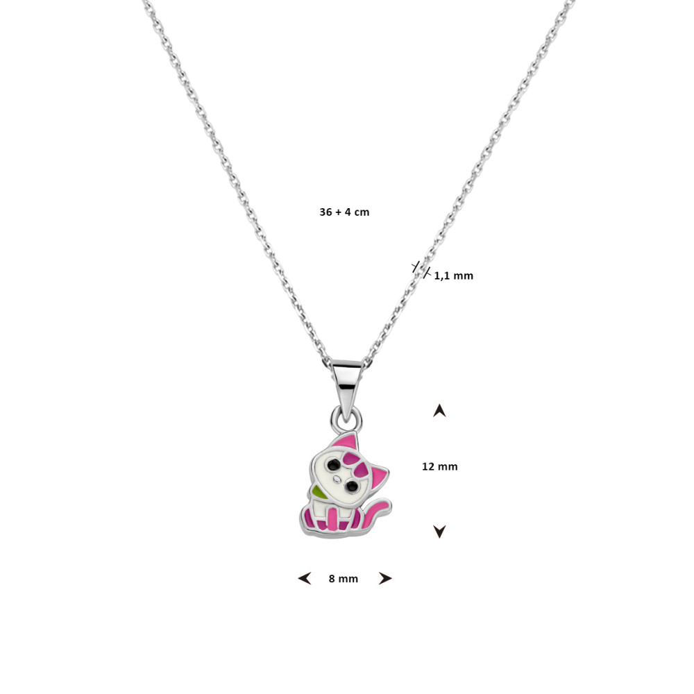 ketting-kat-hanger-van-925-zilver-roze-en-groen-emaille-kinderen-lengte-36-40-cm