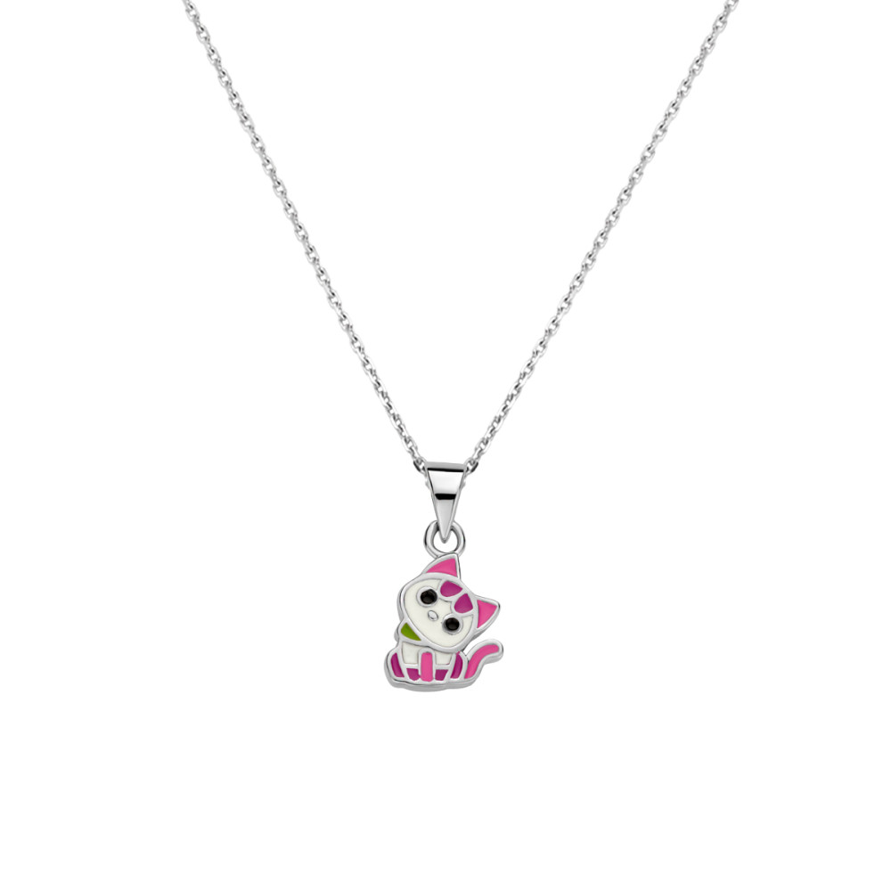 ketting-kat-hanger-van-925-zilver-roze-en-groen-emaille-kinderen-lengte-36-40-cm