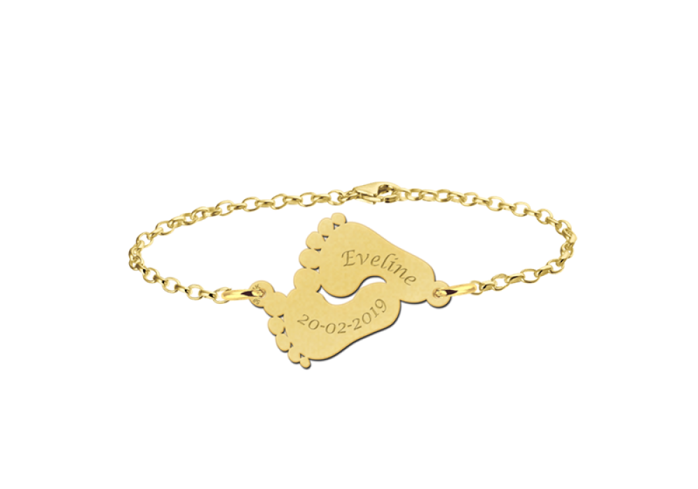 names4ever-mj010974-gouden-gepersonaliseerde-schakelarmband-met-babyvoetjes-hanger-en-gravure-optie
