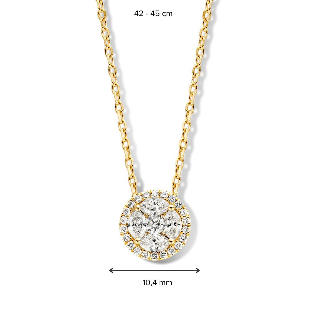 ronde-diamanten-collier-10-5-mm-14-karaat-goud-met-halo-gezette-diamanten-lengte-verstelbaar-42-45-cm
