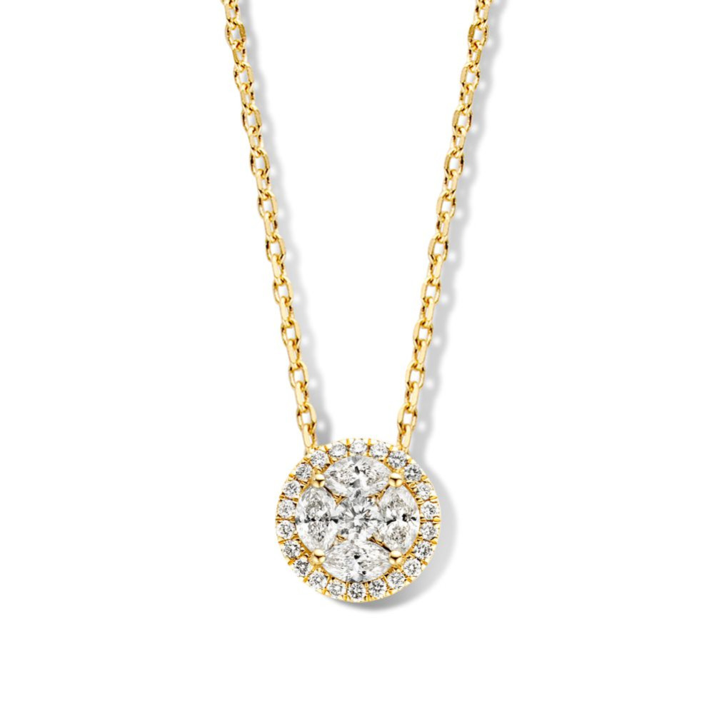 ronde-diamanten-collier-10-5-mm-14-karaat-goud-met-halo-gezette-diamanten-lengte-verstelbaar-42-45-cm