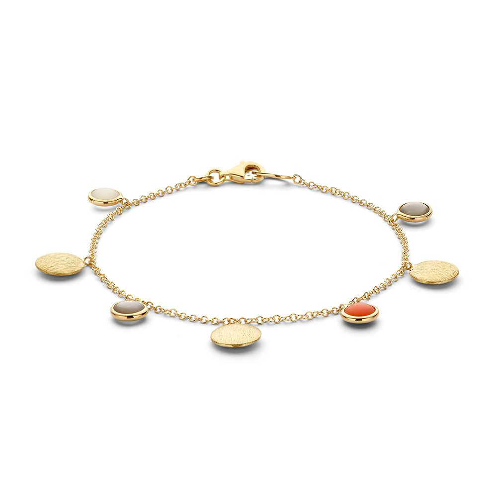 vergulde-bedelarmband-met-kleurrijke-ronde-bedeltjes-en-karabijnsluiting