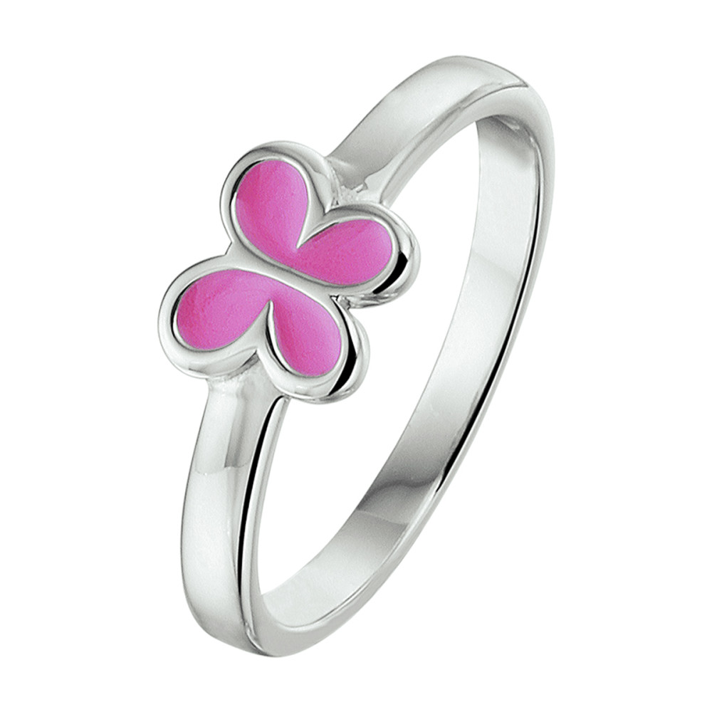 zilveren-kinderring-met-roze-geemailleerde-vlinder