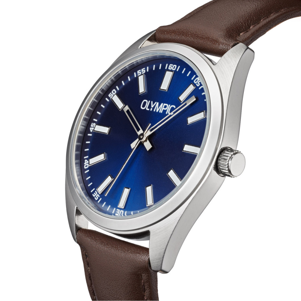 olympic-marcel-ol89hsl063-herenhorloge-zilverkleurige-kast-blauwe-wijzerplaat-bruin-leer-o-38-mm