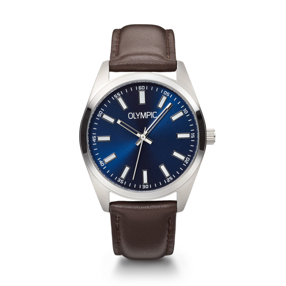 olympic-marcel-ol89hsl063-herenhorloge-zilverkleurige-kast-blauwe-wijzerplaat-bruin-leer-o-38-mm