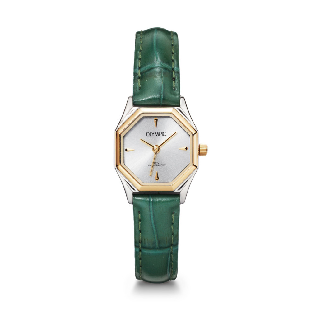 olympic-noa-ol89dsl041b-dameshorloge-groen-leer-achthoekige-kast-bicolor-staal-o-22-mm