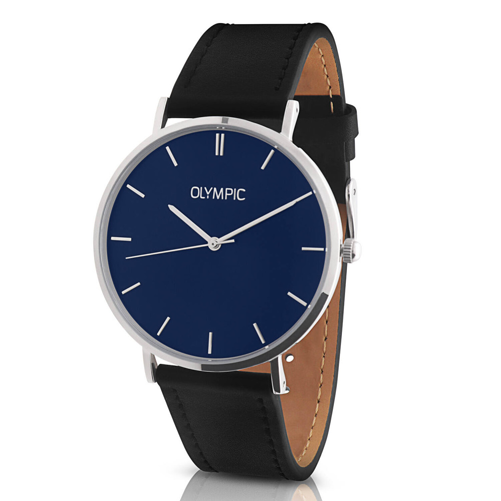 olympic-ol66hsl018-zilverkleurig-herenhorloge-met-blauwe-wijzerplaat-en-zwarte-lederen-band-diameter-41-mm