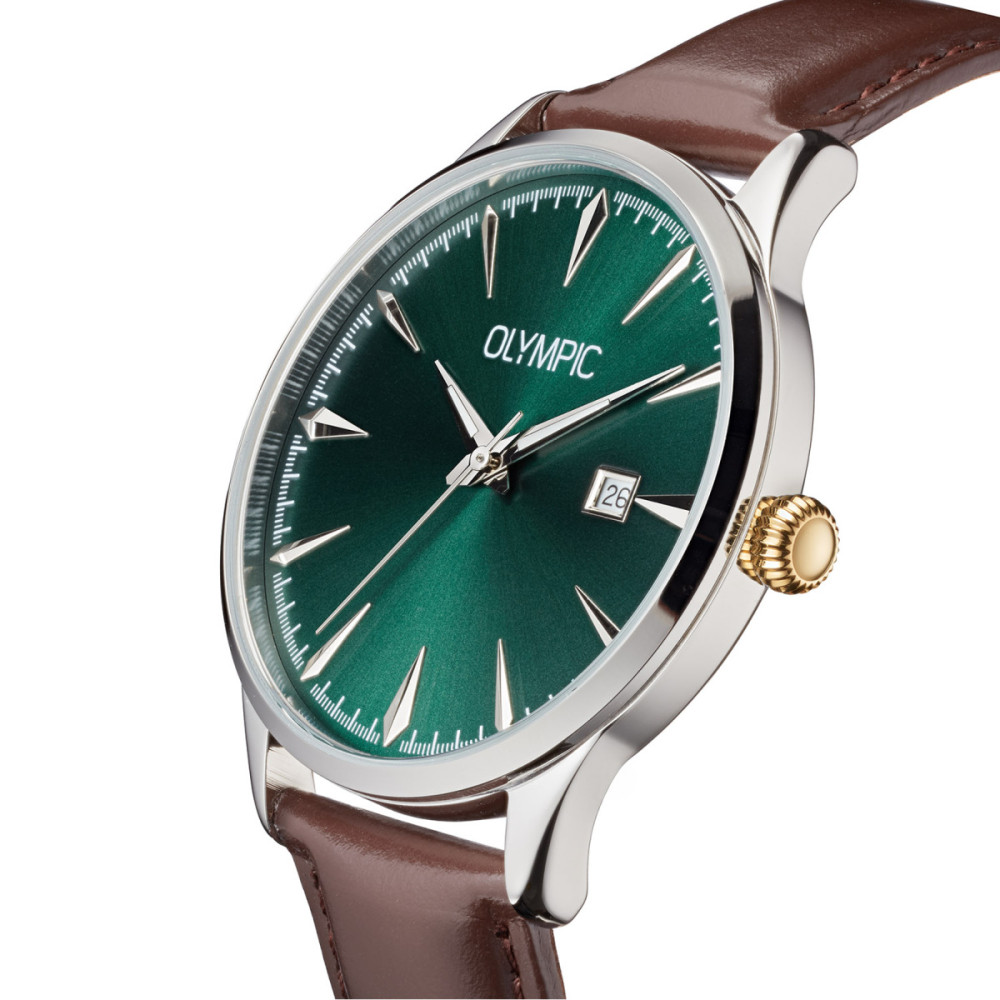 olympic-theo-ol90hsl006-herenhorloge-zilverkleurig-staal-groene-wijzerplaat-bruin-leer-o-40-mm