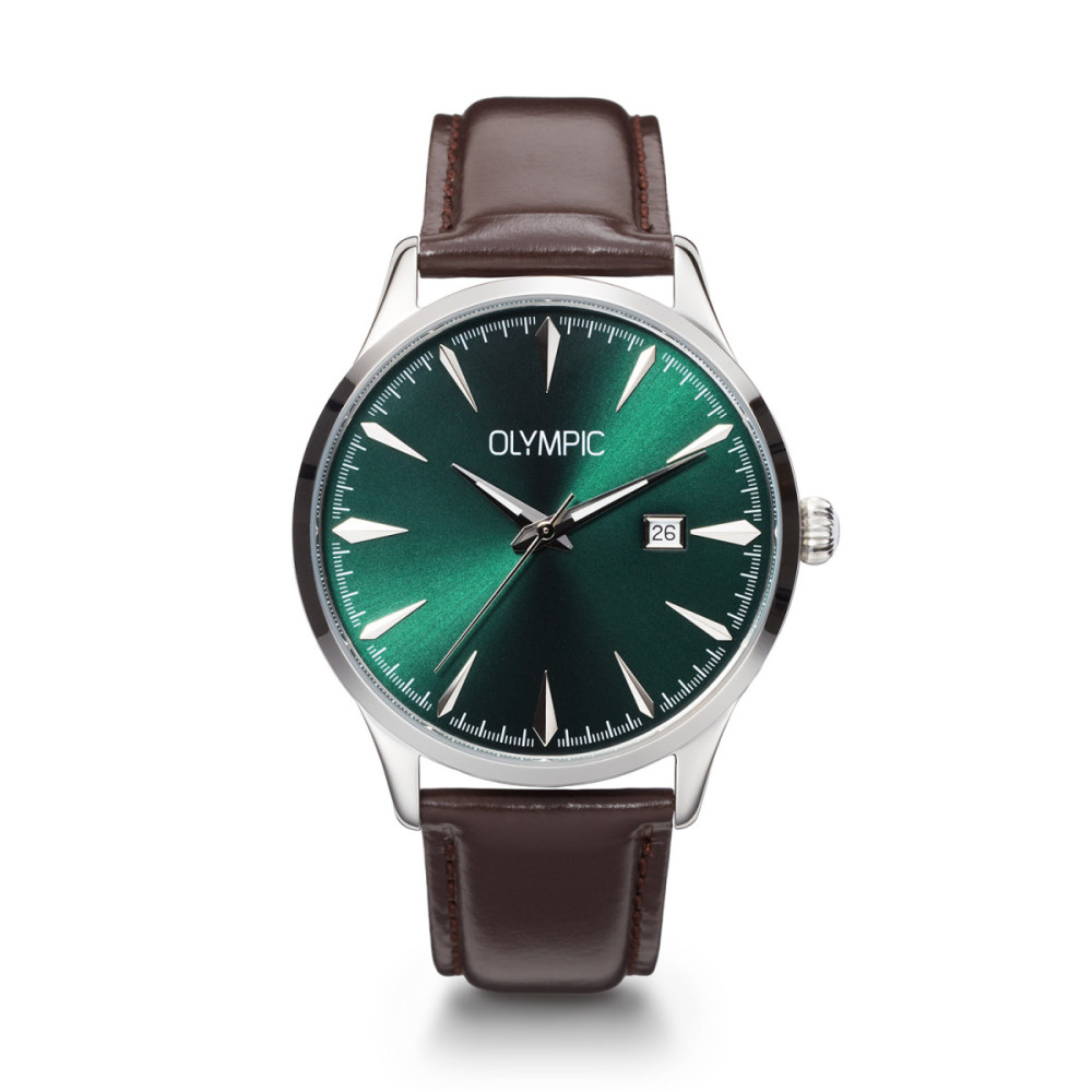 olympic-theo-ol90hsl006-herenhorloge-zilverkleurig-staal-groene-wijzerplaat-bruin-leer-o-40-mm