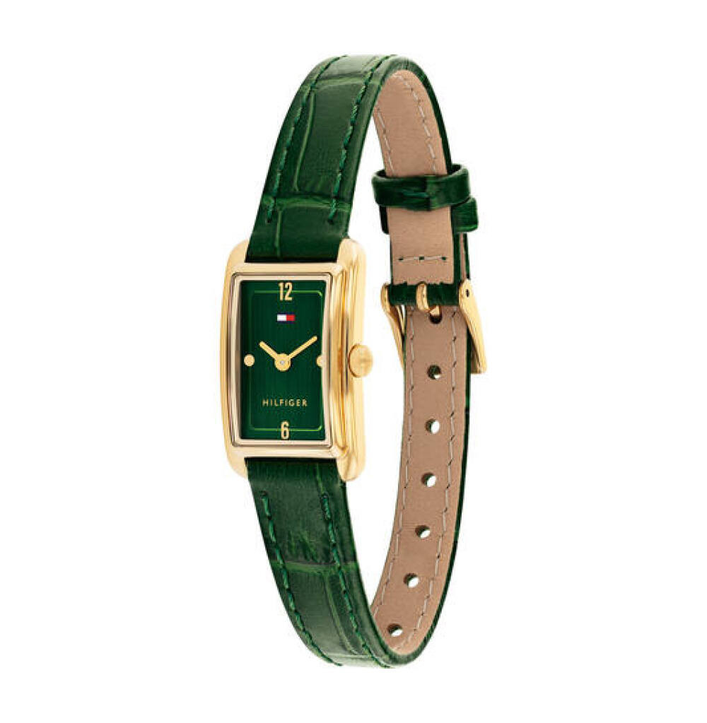 tommy-hilfiger-madison-th1782850-goudkleurig-dameshorloge-met-groene-leren-band-en-rechthoekige-kast