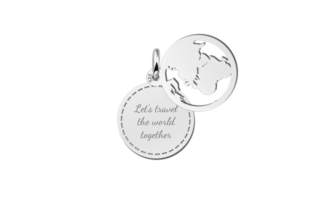 names4ever-ronde-hangers-van-zilver-met-tekst-en-wereldkaart-diameter-15-mm