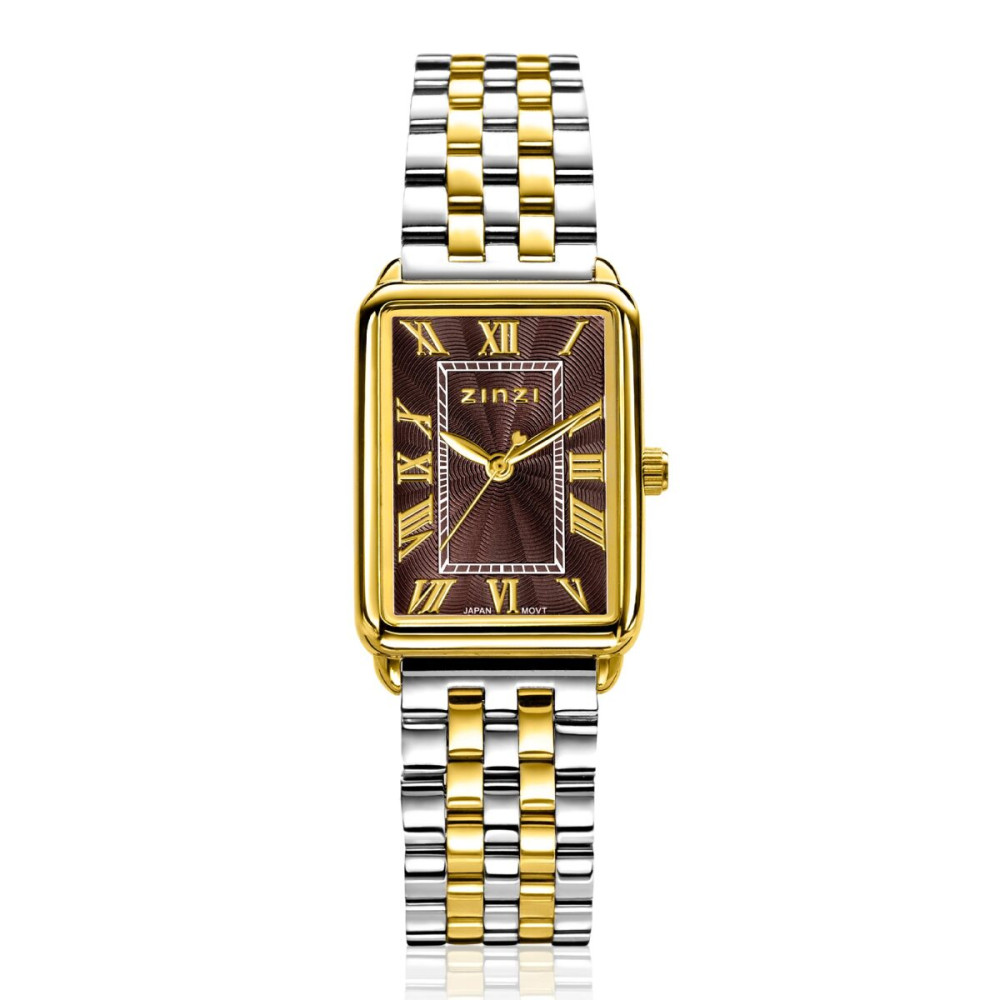 zinzi-ziw1936-horloge-bicolor-stalen-schakelband-bruine-wijzerplaat-romeinse-cijfers-o-28-mm