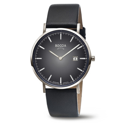 Boccia Titanium 3648-04 - Herenhorloge met zwarte wijzerplaat en gladde zwarte leren band