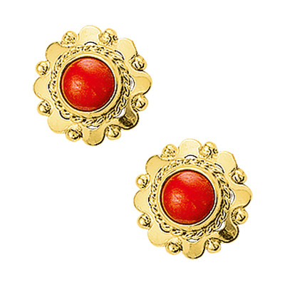 Ronde oorstekers van 14 karaat goud met bloedkoraal