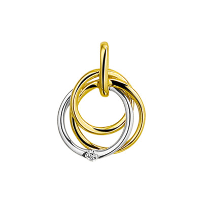 14-karaat gouden en witgouden hanger met cirkels en diamant 0.02 crt - 17 mm x 13 mm