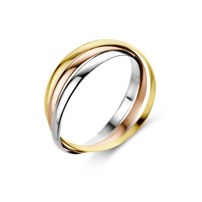Tricolor crossoverring van 14-karaat goud - Vloeiend ontwerp met geelgoud, roségoud en witgoud