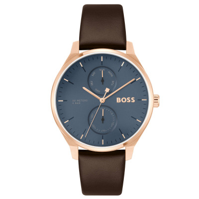Boss Tyler HB1514103 - Roségoudkleurig herenhorloge met blauwe wijzerplaat en bruine leren band - Ø 43 mm