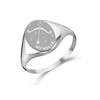 Names4ever - Zilveren ovale zegelring met boogschutter en naam Michelle, graveerbaar