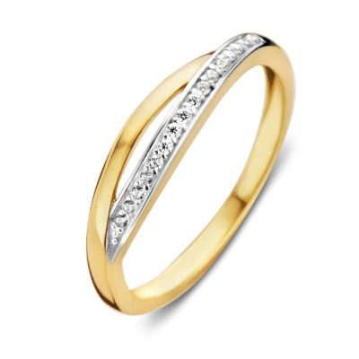 Bicolor pavé crossover ring van 14-karaat goud - Elegante smalle ring met transparante zirkonia