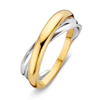 Vloeiende crossover ring van 14-karaat bicolor goud - Elegante moderne stijl zonder stenen