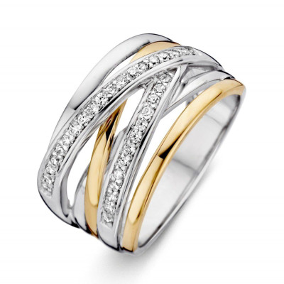 Crossover pavé ring van 14-karaat bicolor goud en zilver - Met zirkonia