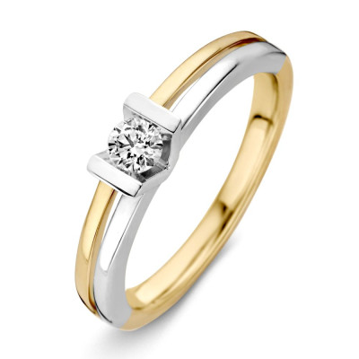 Bicolor 14-karaat solitair ring met centrale diamant in v-zetting