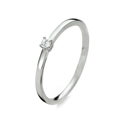 Solitair ring van 14-karaat witgoud - Elegante smalle ring met briljant geslepen diamant van 0.05 crt