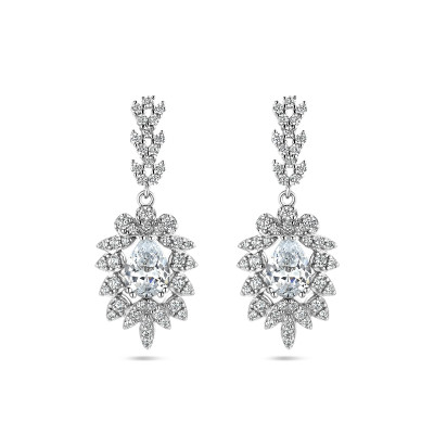 Peervormige zilveren oorhangers met transparante zirkonia - 14 mm x 34 mm