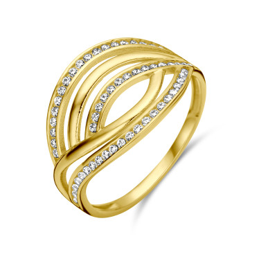 Pavé crossover ring van 14-karaat goud - Golvend ontwerp met transparante zirkonia