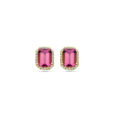 Achthoekige oorstekers met roze/rode toermalijn en diamanten - 14-karaat goud - 7 mm x 9 mm