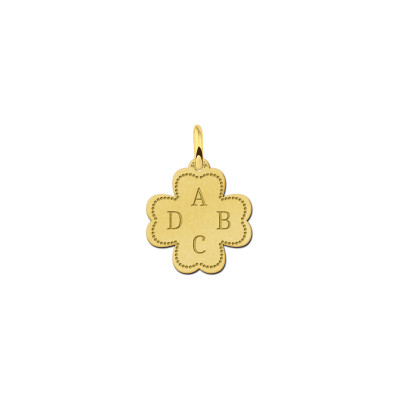 14-karaat gouden klaver hanger met initialen en bolletjes reliëf aan de rand - diameter 15 mm