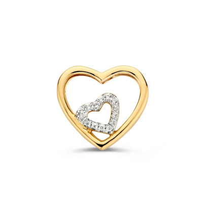 14-karaat bicolor hartjes hanger met transparante zirkonia - Hoogte 15 mm