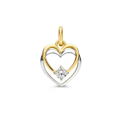 14-karaat bicolor hanger met gouden en witgouden hartje en zirkonia - Hoogte 17 mm
