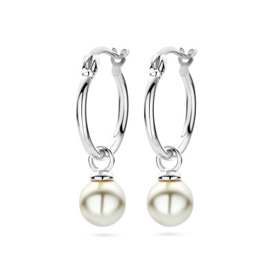 Oorringen glanzend zilver ronde witte hangers imitatieparel 7 mm - Hoogte 27 mm