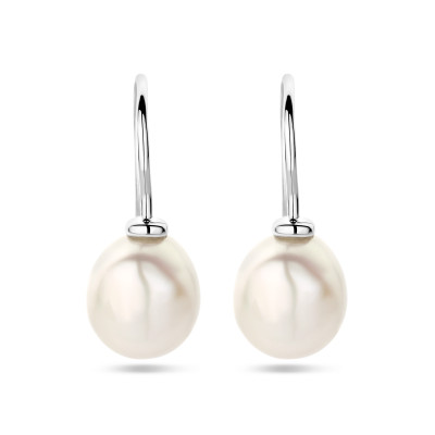 Oorhangers zilver witte zoetwaterparel glanzend - 8.5 mm breed x 23.5 mm hoog
