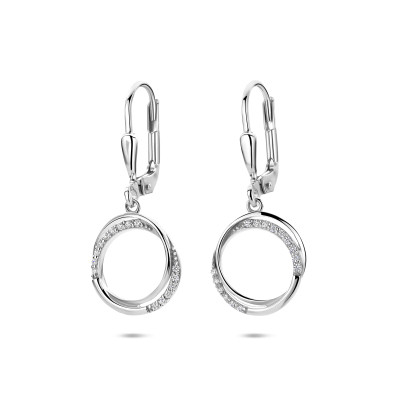 Oorhangers 925 zilver 2 cirkels glanzend en zirkonia - 8 mm breed x 27 mm hoog