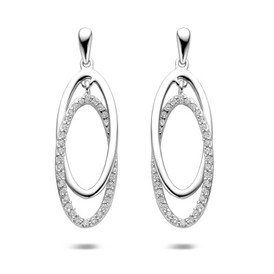 Ovale oorhangers zilver en briljant geslepen zirkonia - 10.5 mm breed x 35 mm hoog
