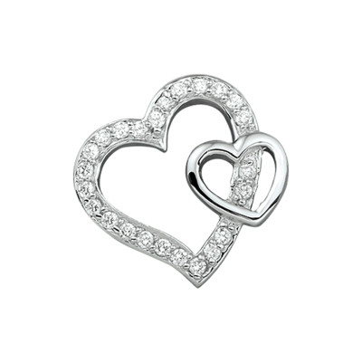 Hanger met twee hartjes van zilver met transparante zirkonia glanzend - 17 mm breed x 18 mm hoog