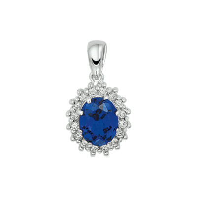 Hanger met zilver en zirkonia halo om man made blauwe saffier - 11.5 mm breed x 15.5 mm hoog