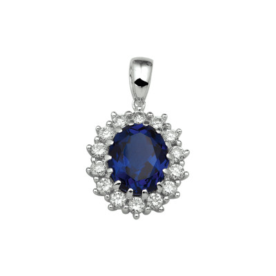 Ovale hanger van zilver met donkerblauwe man made saffier en zirkonia - 15.5 mm breed x 20 mm hoog