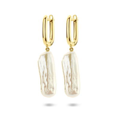 Oorringen goudkleurig witte parels rechthoekig glanzend - 2.5 mm breed x 38 mm hoog