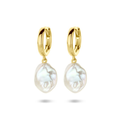 Oorringen met witte zoetwaterparels gold plated glanzend - 9.5 mm breed x 24 mm hoog