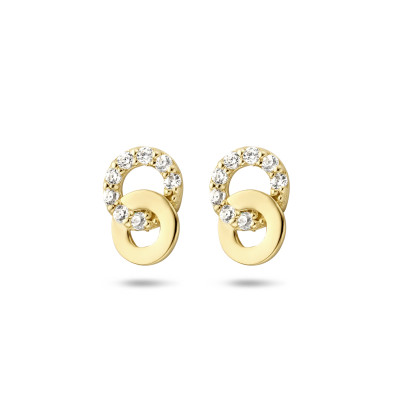 Oorknopjes goudkleurige verbonden cirkels 9-karaat en zirkonia - 4.5 mm breed x 6.5 mm hoog