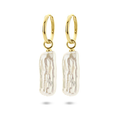 Parel oorringen gold plated rechthoekige hanger - 8 mm breed x 38 mm hoog