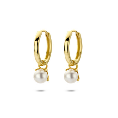 Ronde oorringen met hanger 14-karaat goud parel wit glanzend - 4.5 mm breed x 18 mm hoog